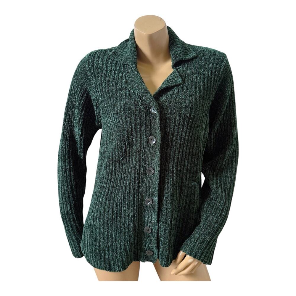 Spiegel Cardigan Sweater Womens M Green Chenille Ribbed Button Front Collared